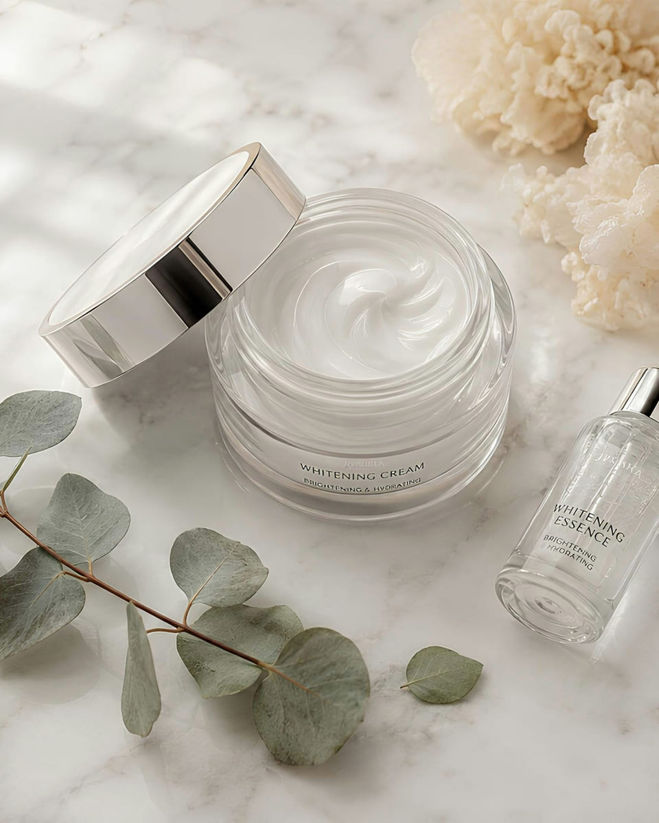 A jar of cream, a dropper bottle and eucalyptus on pale marble.