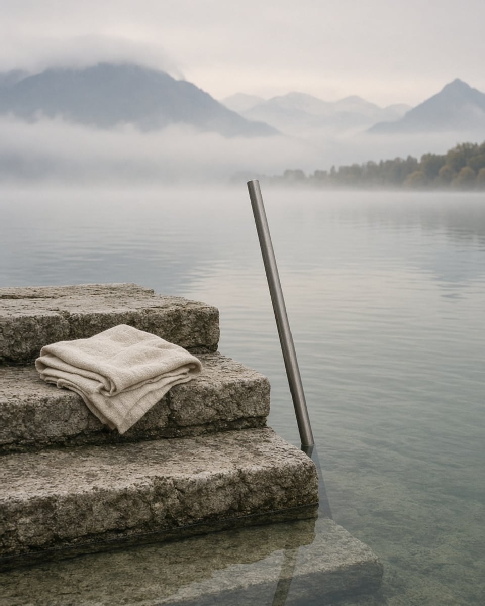 Weathered stone steps leading into a clear, still lake in morning mist, a folded oat linen towel on a step and a steel handrail entering the water.