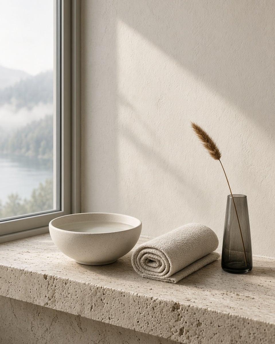 A travertine ledge under a window onto a misty lake, holding a ceramic bowl of water, a rolled linen towel and a dried grass stem in a smoked-glass vase.