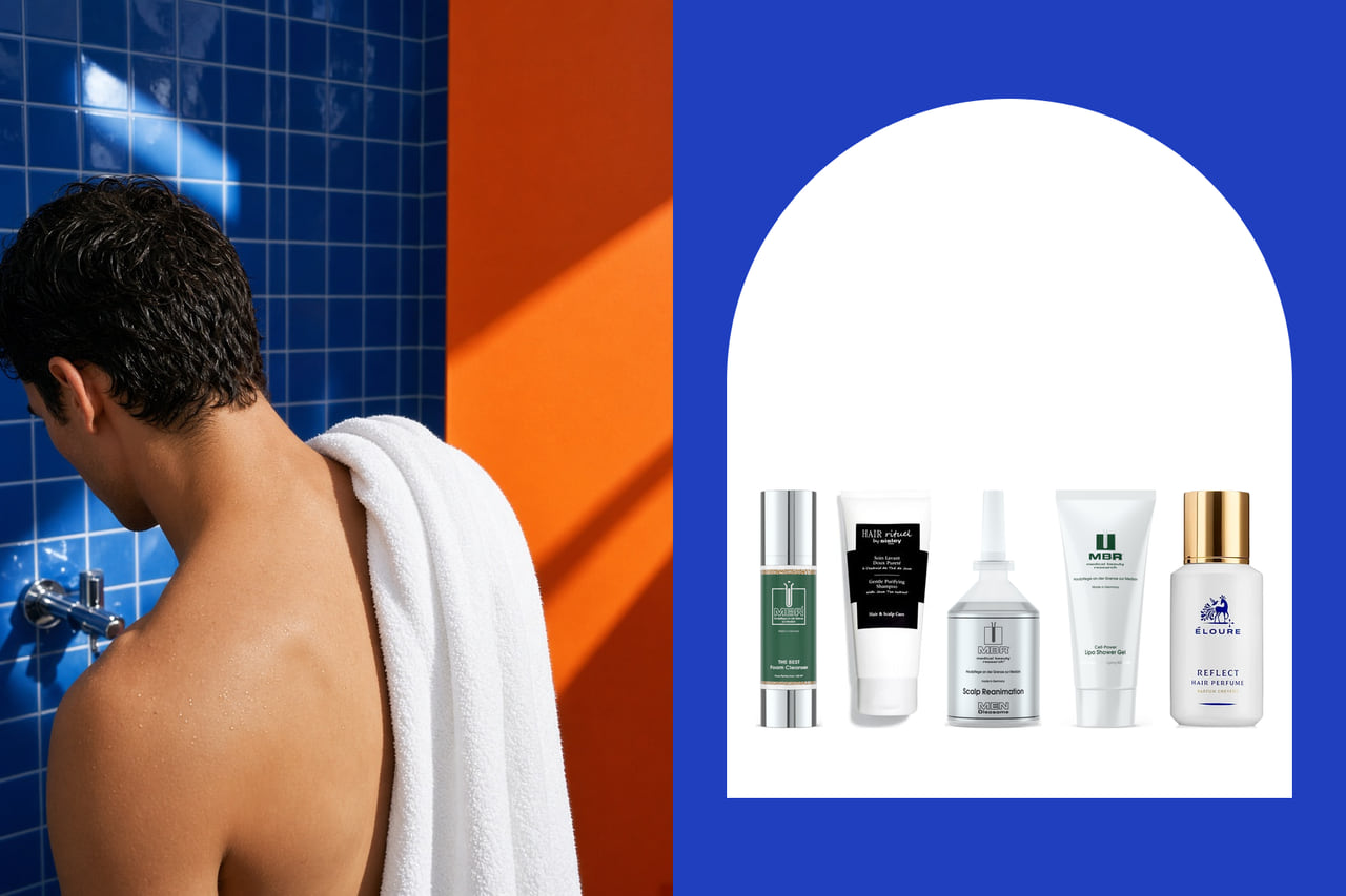 Left, a man seen from behind with a white towel over his shoulder, against cobalt-blue tiles and a tangerine wall; right, the MBR foam cleanser, a Sisley shampoo, MBR Scalp Reanimation, MBR shower gel and an Éloure hair perfume in a white arch on a cobalt ground.