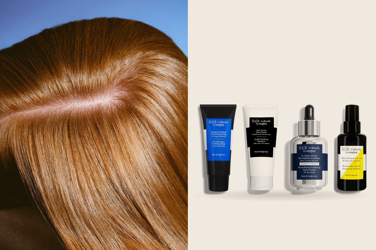 Left, a close view of glossy copper hair and its parting; right, the Sisley Paris Hair Rituel pre-shampoo mask, shampoo, scalp serum and hair oil on a warm stone ground.